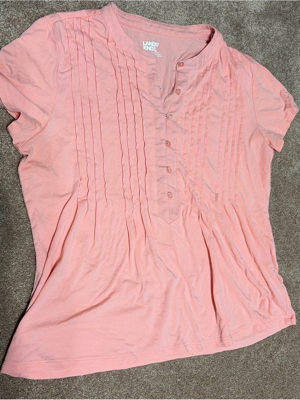 Lands' End Women's Pink Short-Sleeve Pleated Button Front Top